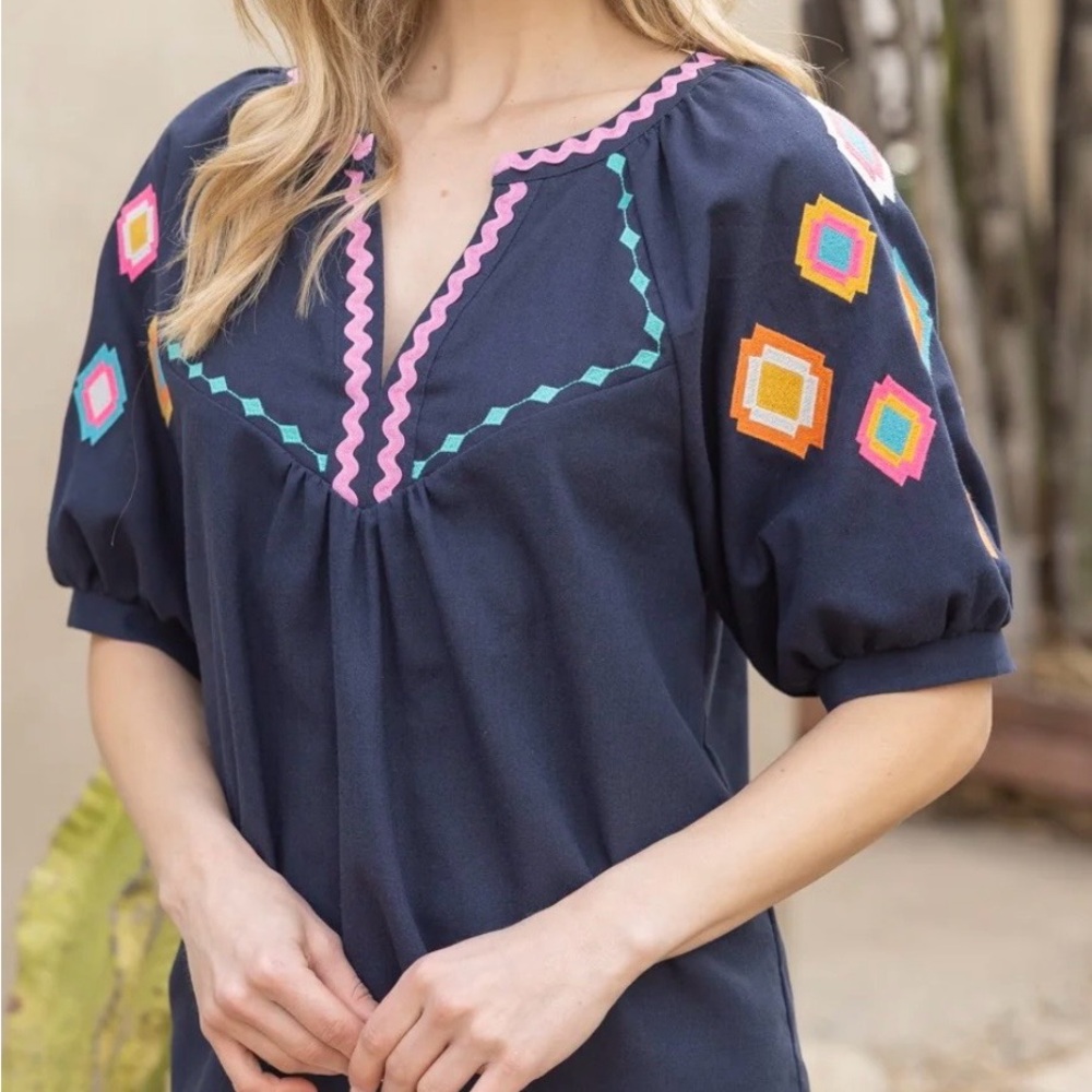 VOY Embroidered Navy Geometric Puff Sleeve Top Boho Cottagecore Linen Blend L